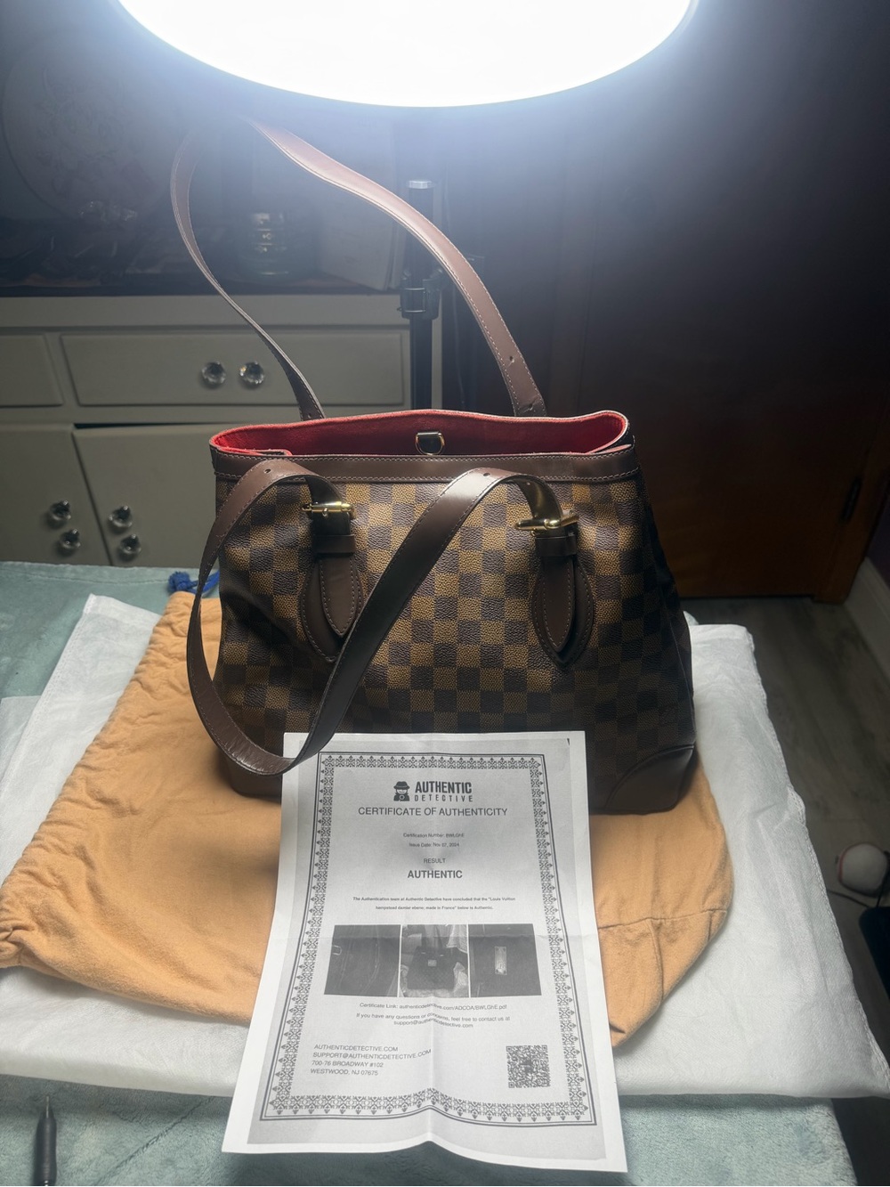 Louis Vuitton Brown Damier Shoulder Bag with Red Interior